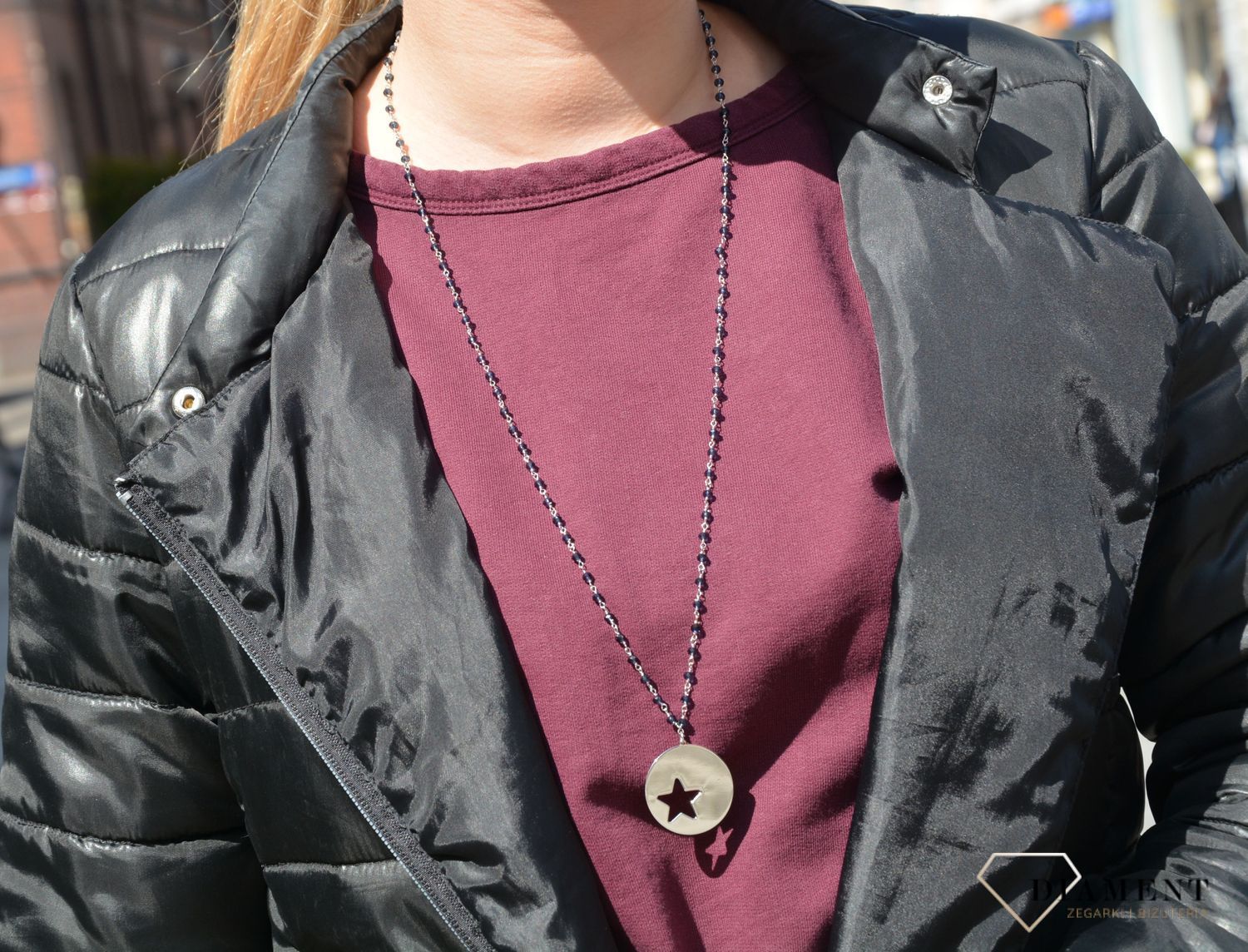 Długi naszyjnik srebrny koraliki z okrągłą blaszką Dall'Acqua ✓Naszyjnik srebrny kółeczko.jpg